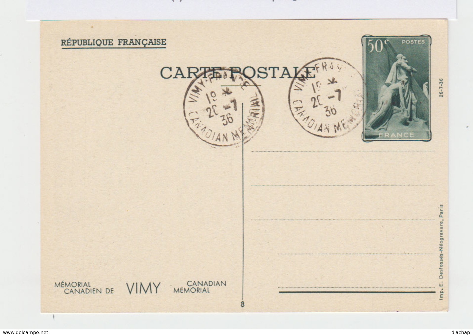 Deux CPA Mémorial De Vimy N°7 Et N° 8. Timbres 50 C. Vert Et 30 C. Rouge Oblitérés 1936. (638) - Cartes Postales Types Et TSC (avant 1995)