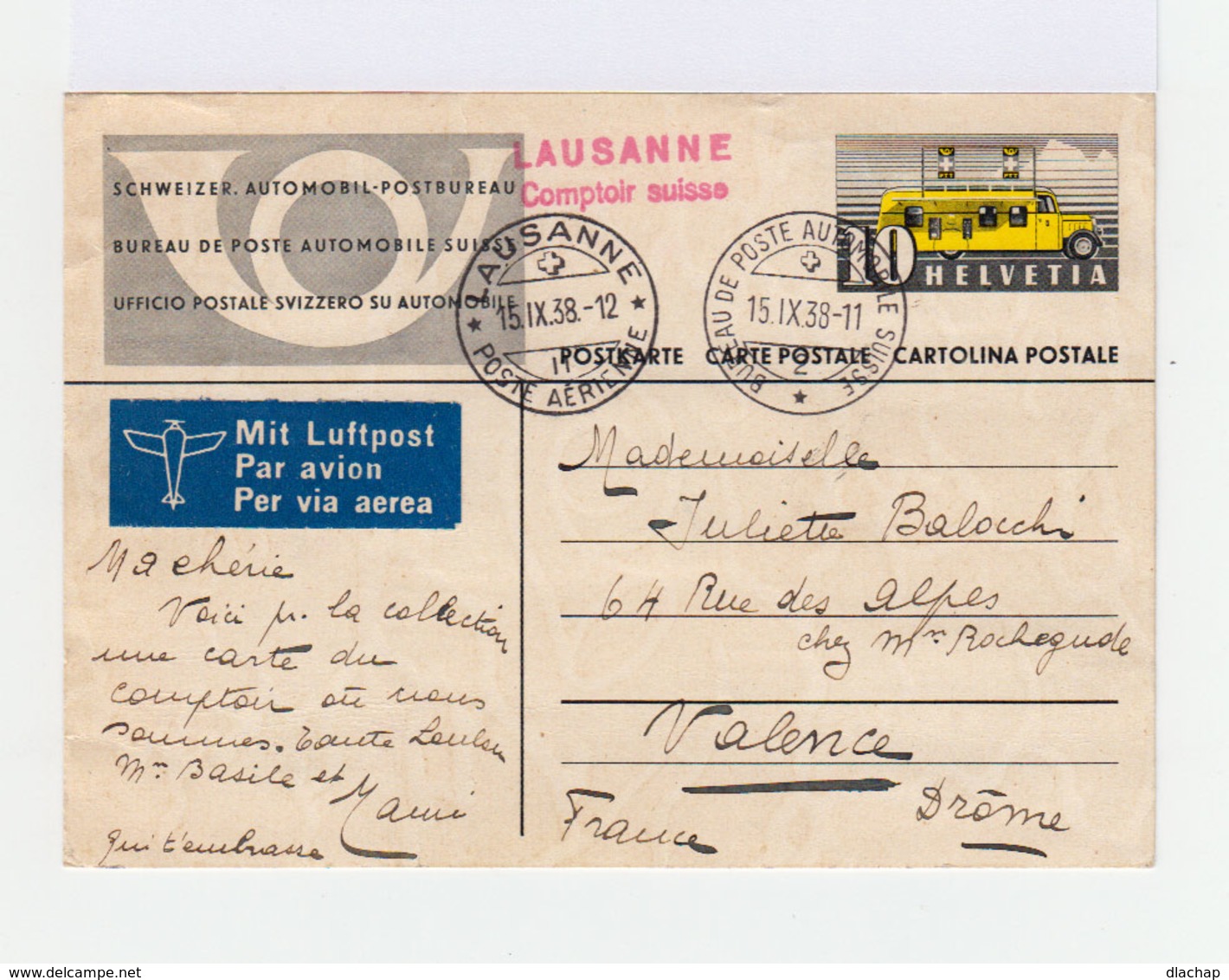 Carte Postale Entier Postal Par Avion. Oblitération Bureau De Automobile Suisse. (639) - Entiers Postaux