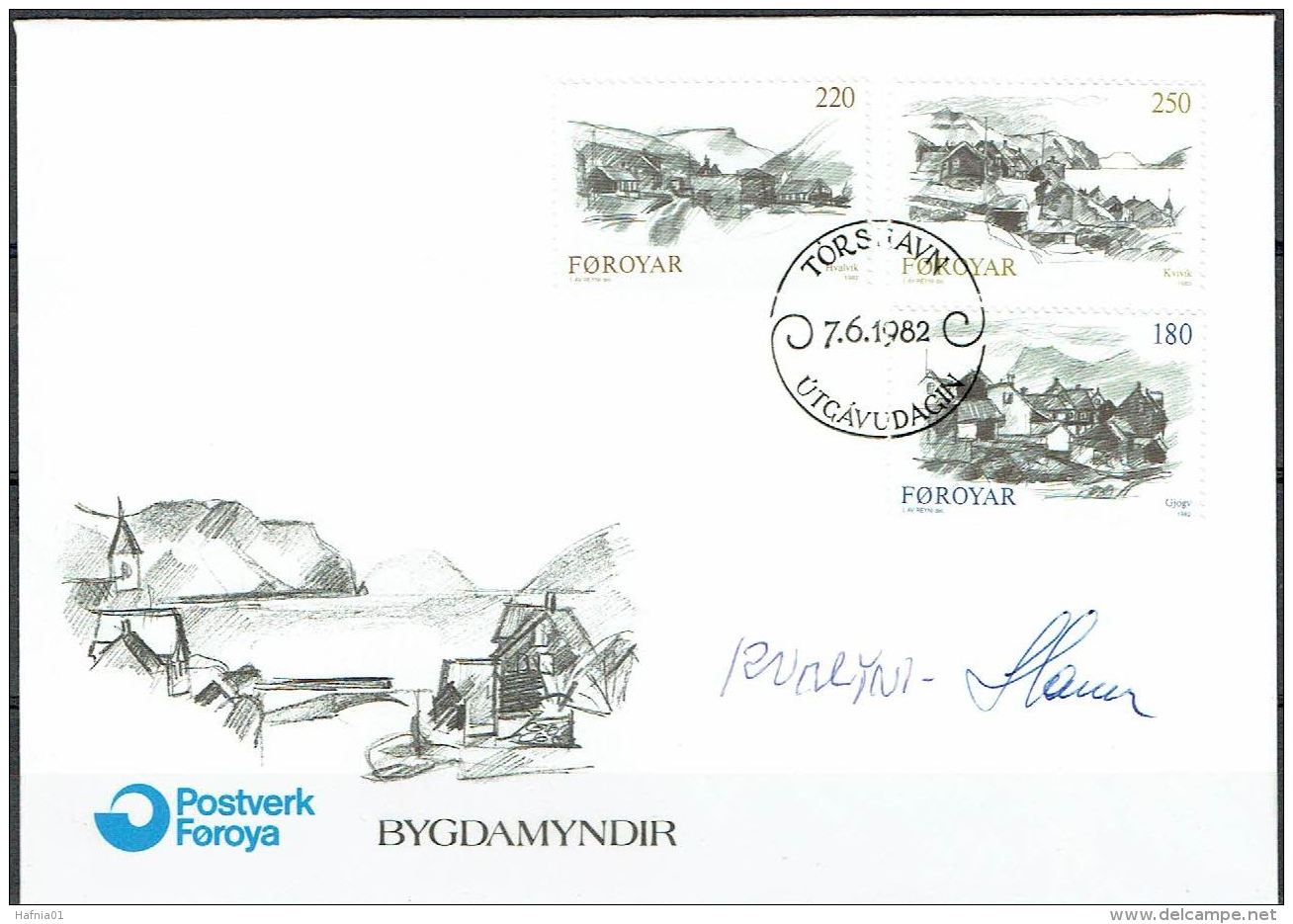 Czeslaw Slania. Faroe Islands 1982. Faroese Villages.   Michel 72-74, FDC.  Signed. - Faroe Islands