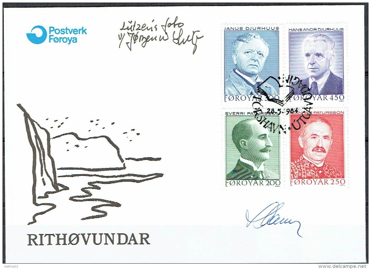 Czeslaw Slania. Faroe Islands 1984. Writers.   Michel 99-102, FDC.  Signed. - Féroé (Iles)