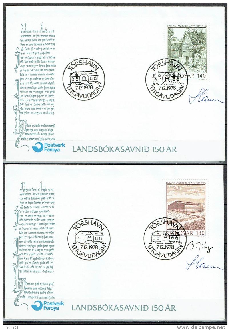 Czeslaw Slania. Faroe Islands 1978. 150 Anniv National Library.   Michel 39-40, FDC.  Signed. - Féroé (Iles)