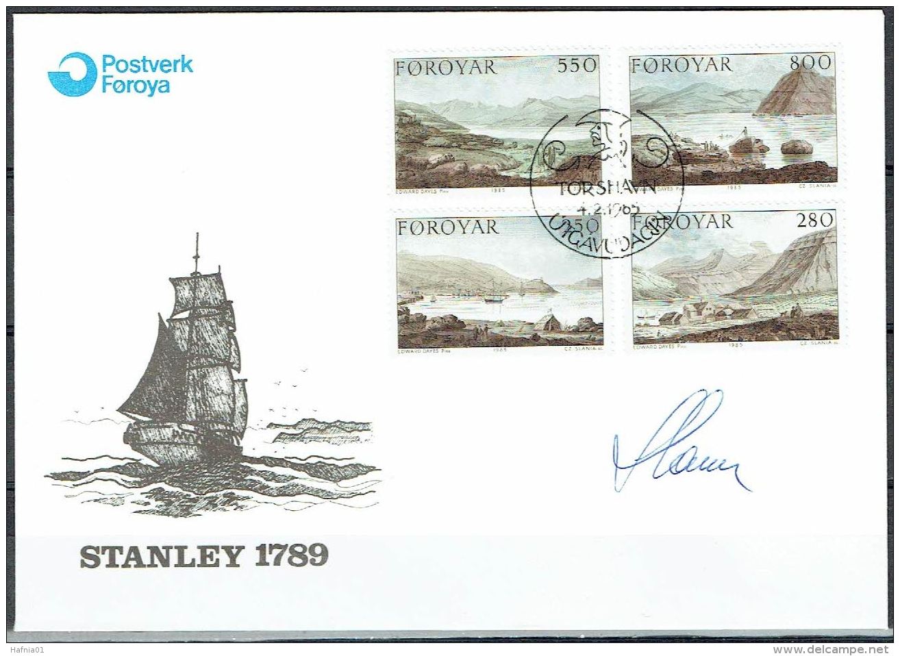 Czeslaw Slania. Faroe Islands 1985. Landscape Paintings.   Michel 112-15. FDC  Signed. - Féroé (Iles)