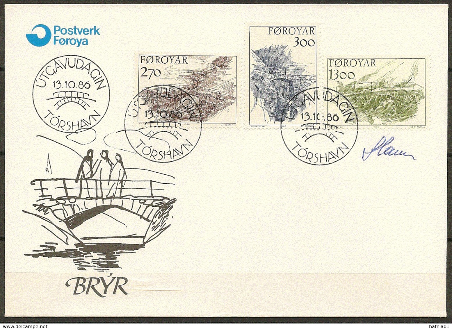 Czeslaw Slania. Faroe Islands 1986. Old Bridges.   Michel 142-44. FDC  Signed. - Féroé (Iles)