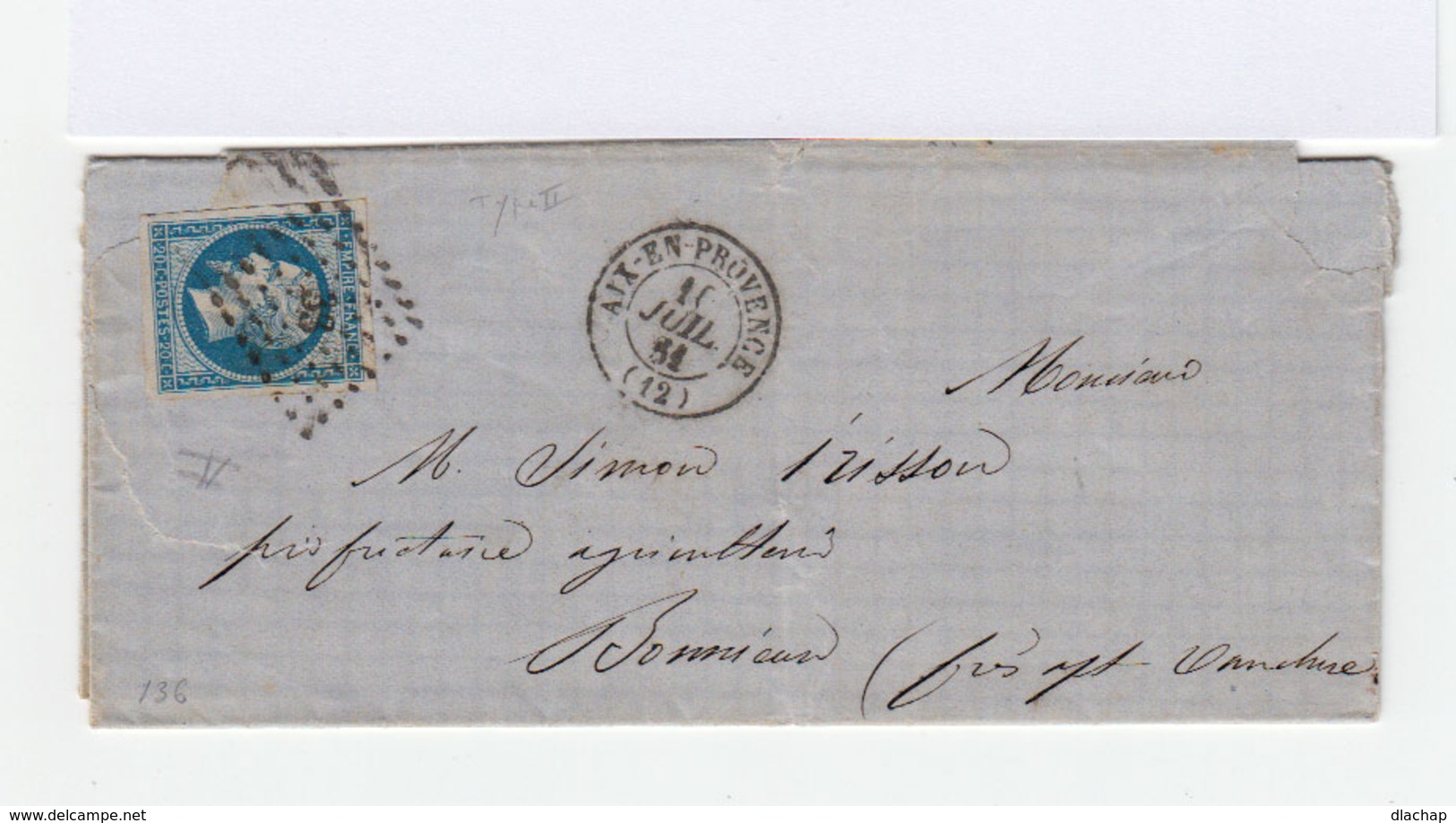 Sur Lettre Napoléon III 20 C. Bleu Type II. Oblitération Losange Grands Chiffres. (644) - 1849-1876: Période Classique