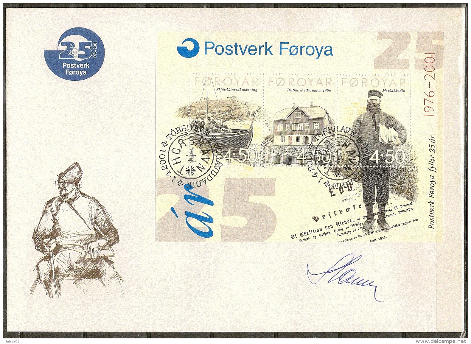 Czeslaw Slania. Faroe Islands 2001.  25 Anniv Faroe Island Post. Souvenir Sheet Michel Bl.10 FDC.  Signed. - Féroé (Iles)