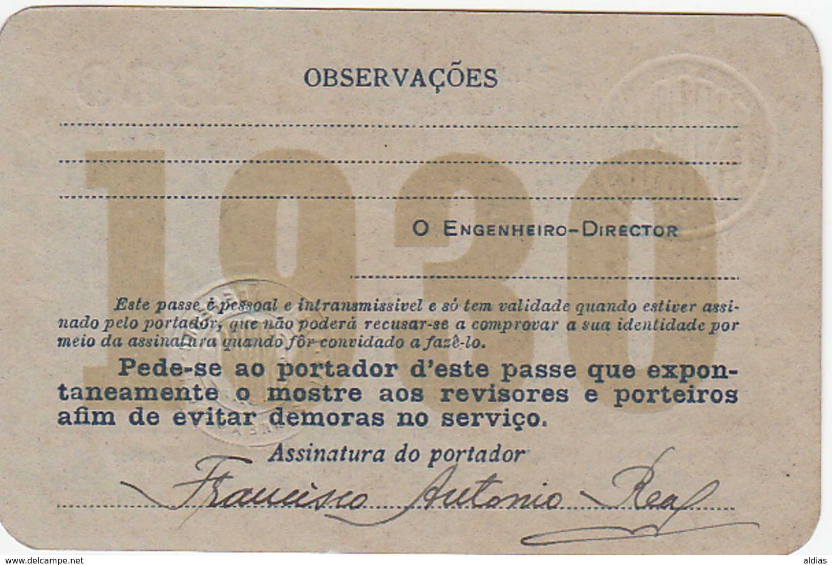 Portugal - Passe Anual Do Caminho De Ferro Cais Do Sodré -Cascais - De Militar - 1930 - Europe