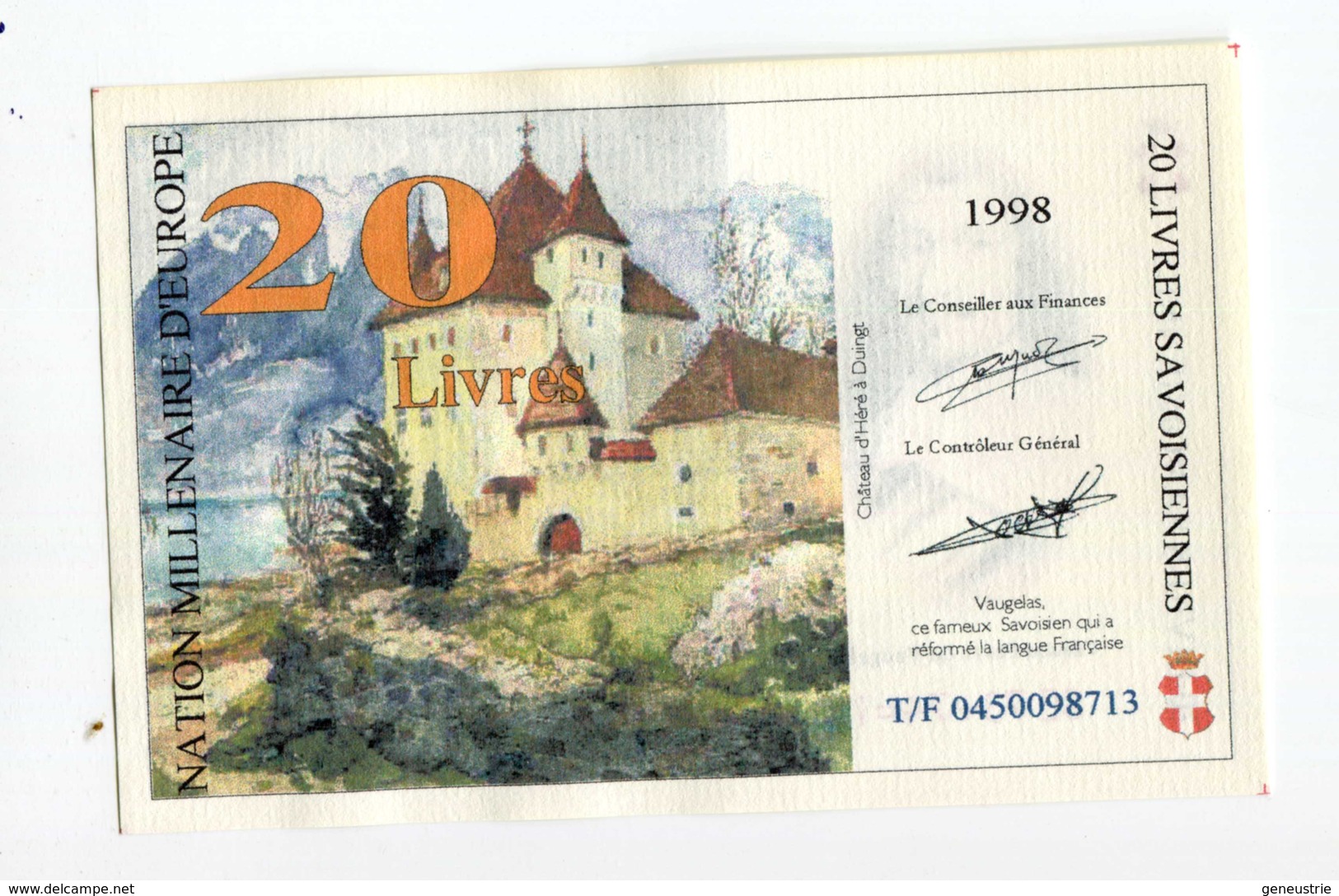 Billet De Banque Régional Fictif Specimen "20 Livres Savoisiennes 1998" Etat Souverain De Savoie - Essais Privés / Non-officiels