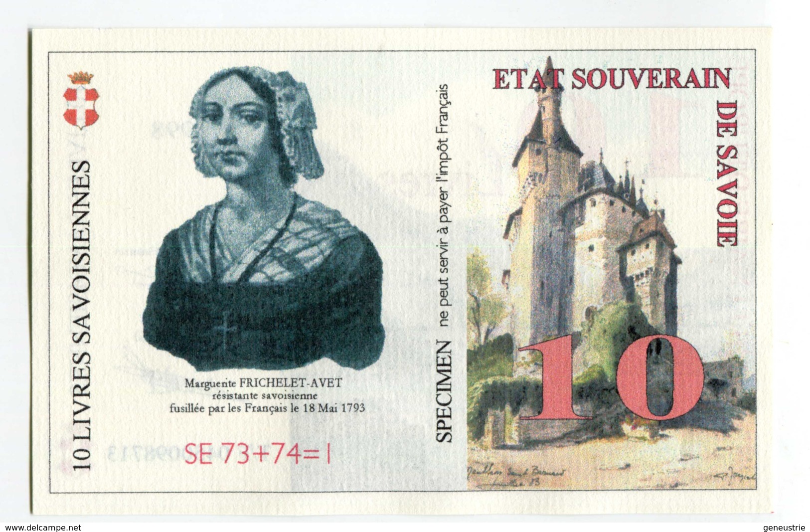 Billet De Banque Régional Fictif Specimen "10 Livres Savoisiennes 1998" Etat Souverain De Savoie - Essais Privés / Non-officiels