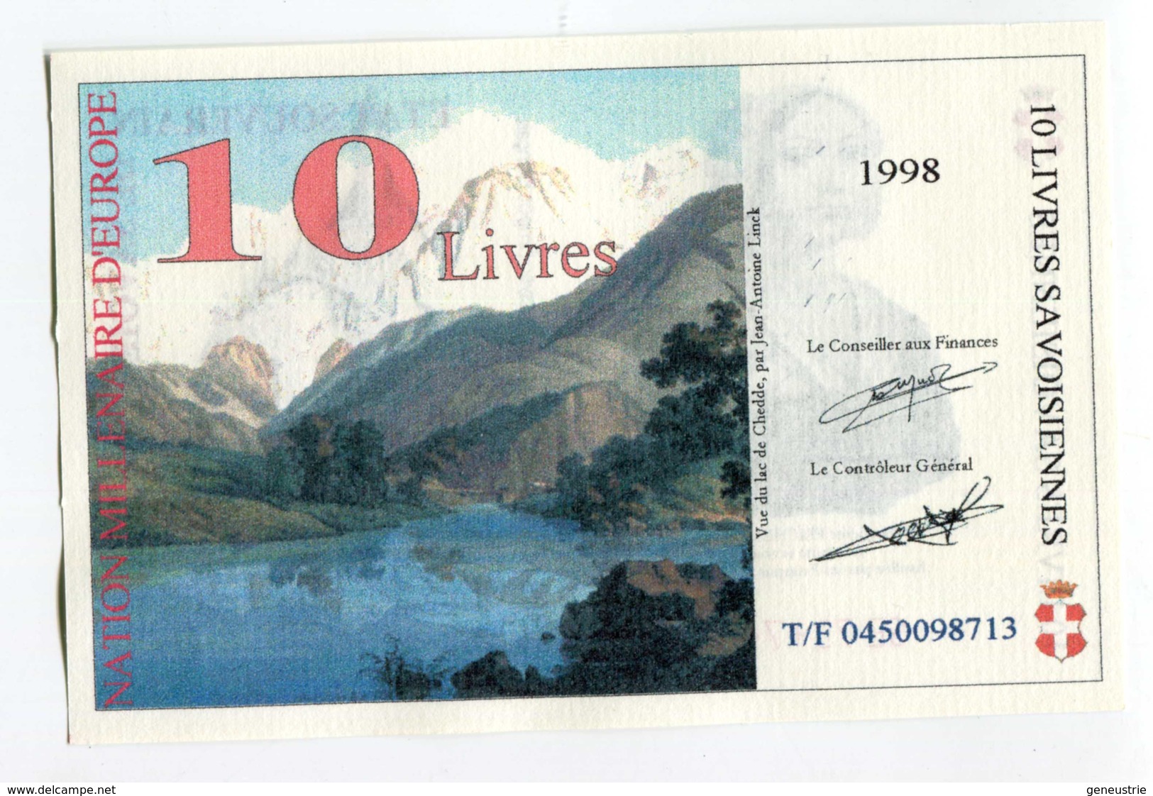 Billet De Banque Régional Fictif Specimen "10 Livres Savoisiennes 1998" Etat Souverain De Savoie - Essais Privés / Non-officiels