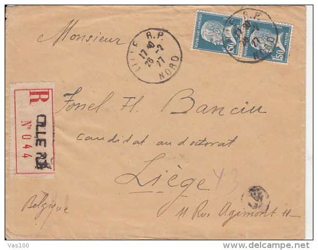 PASTEUR, STAMPS ON REGISTERED COVER, 1927, FRANCE - 1922-26 Pasteur