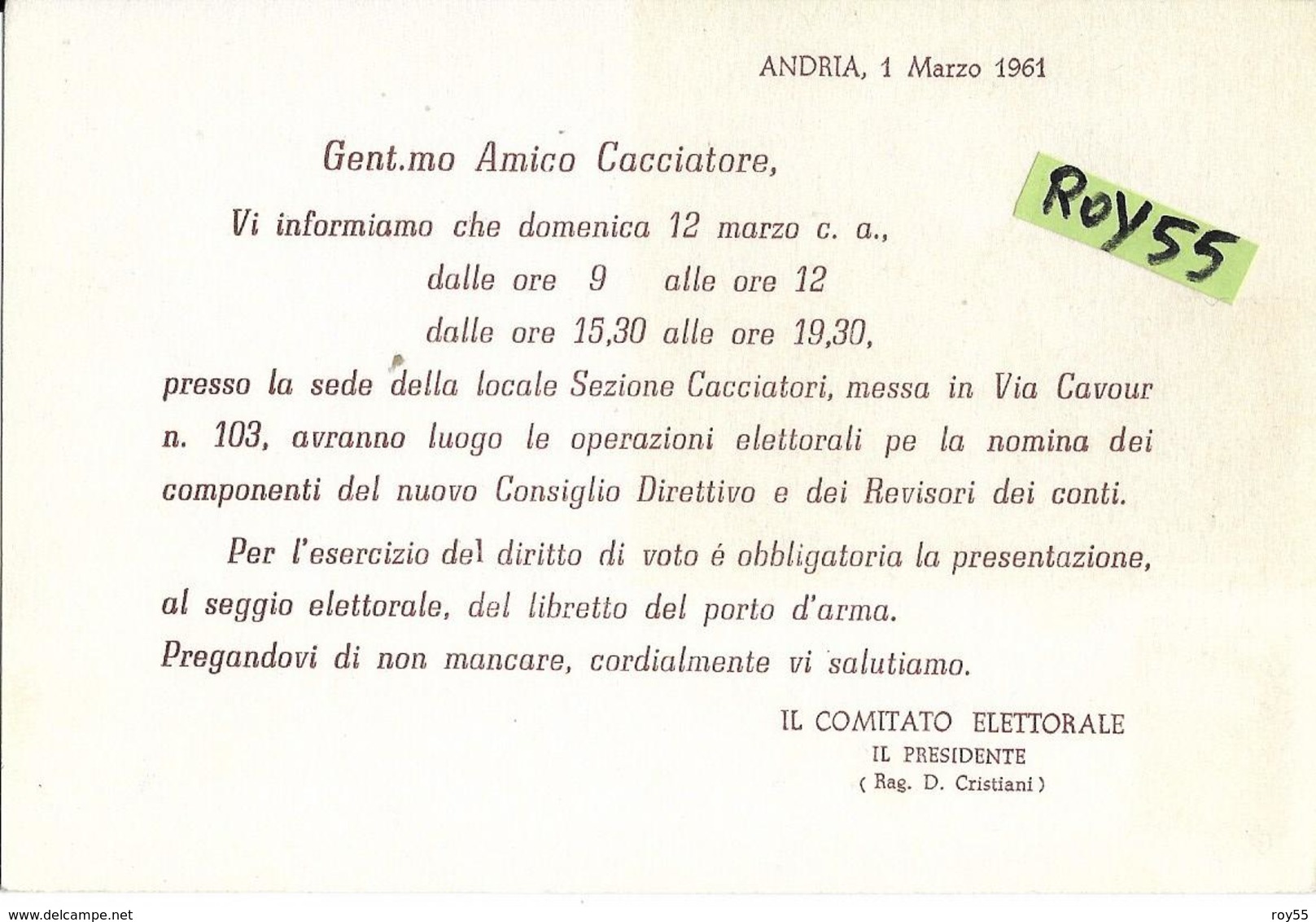 Puglia-andria  Via Cavour Sede Locale Sezione Cacciatori Cartolina Invito Ai Cacciatori  Retro Pubblicita Cartucce  Sipe - Andria