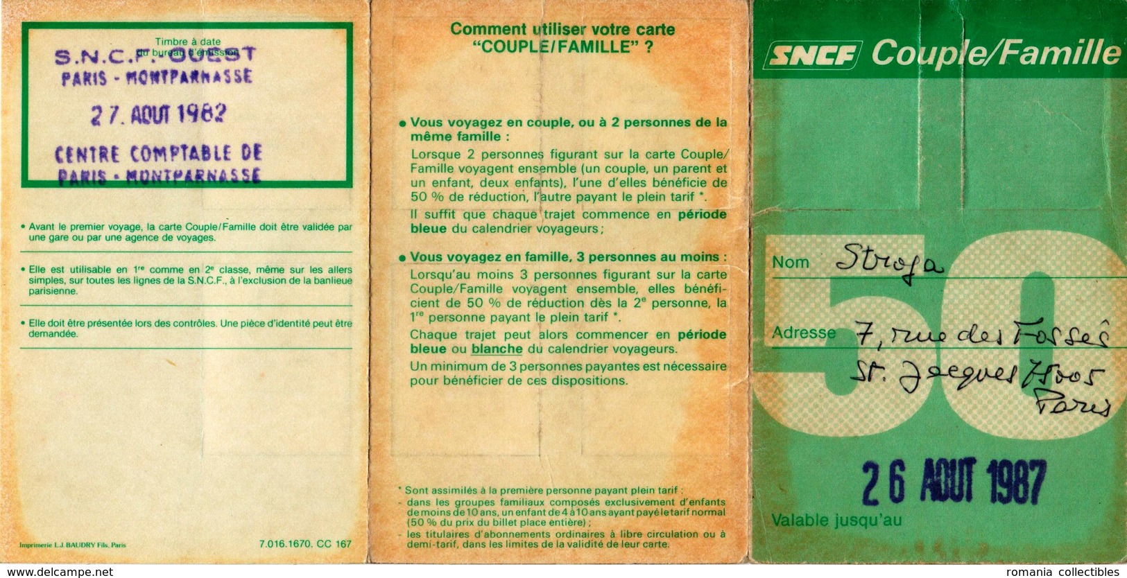 France, 1982, Carte "COUPLE / FAMILLE" - Transport Pass, SNCF - Other & Unclassified