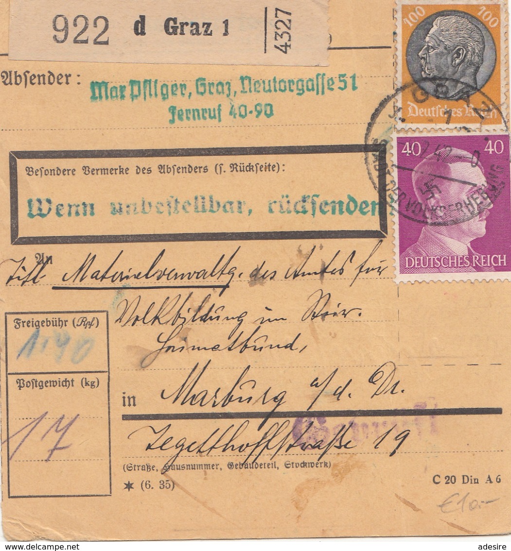 DEUTSCHES REICH 1942 - 40 + 100 Pfg Auf Paketkarte, Gel.v.Graz > Graz Stempel Steirischer Heimatbund Bundesführung - Briefe U. Dokumente