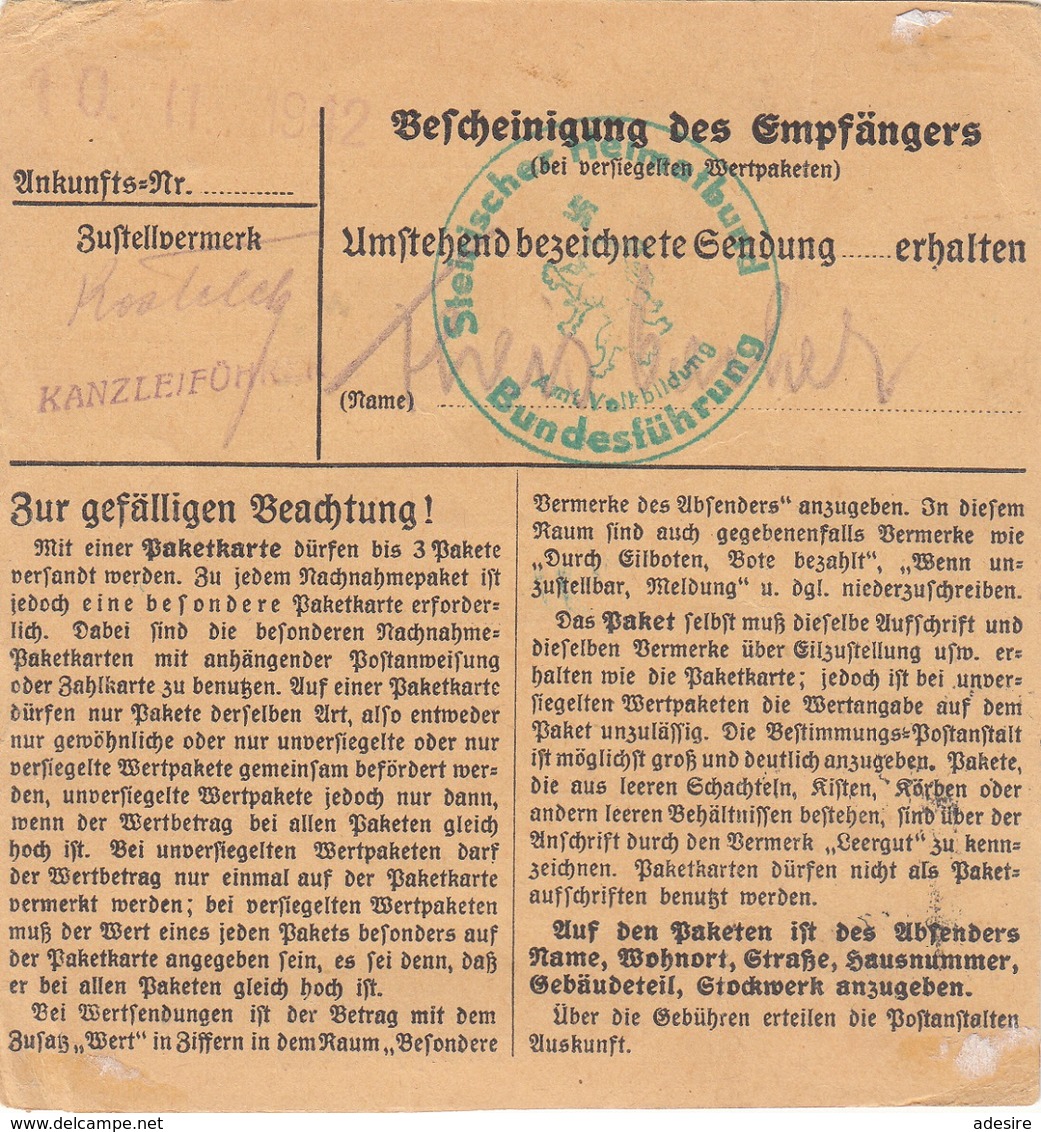 DEUTSCHES REICH 1942 - 40 + 100 Pfg Auf Paketkarte, Gel.v.Graz > Graz Stempel Steirischer Heimatbund Bundesführung - Briefe U. Dokumente