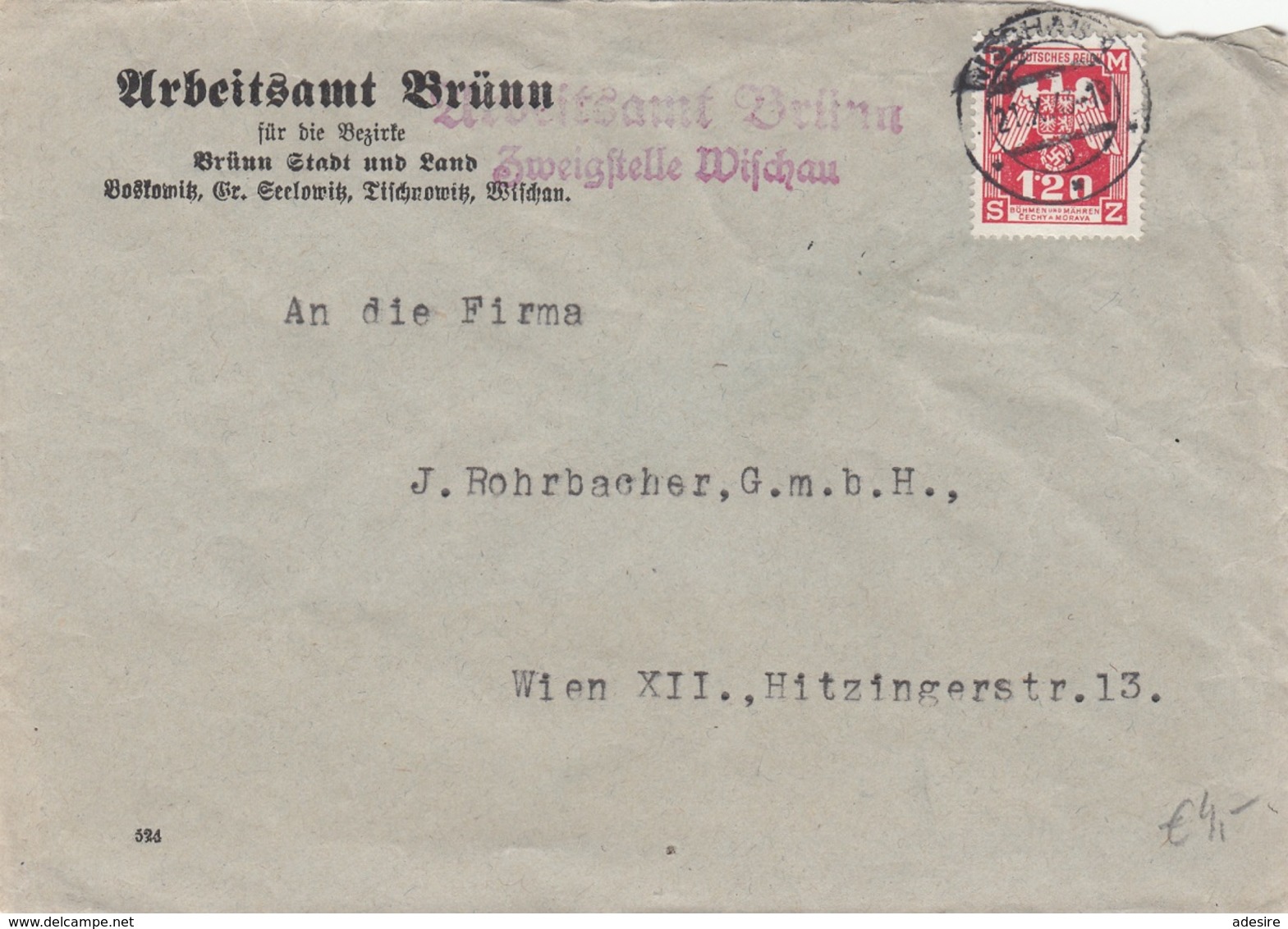 BÖHMEN + MÄHREN 1943 - 1,20 ? Auf Brief Vom Arbeitsamt Brünn, Gel.v. Brünn > Wien, Kuvert Beschädigt - Covers & Documents