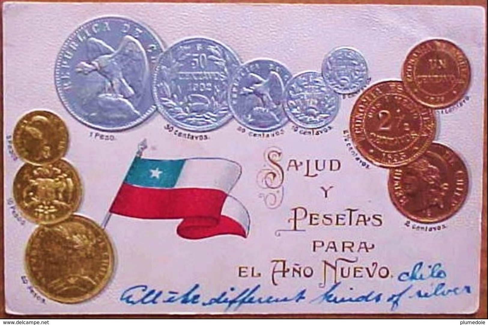 Cpa Gaufree MONNAIES Pièces Du CHILI 1902 PESO CENTAVOS OR ARGENT CUIVRE, Embossed COIN PESOS Gold Silver Early Pc - Monnaies (représentations)