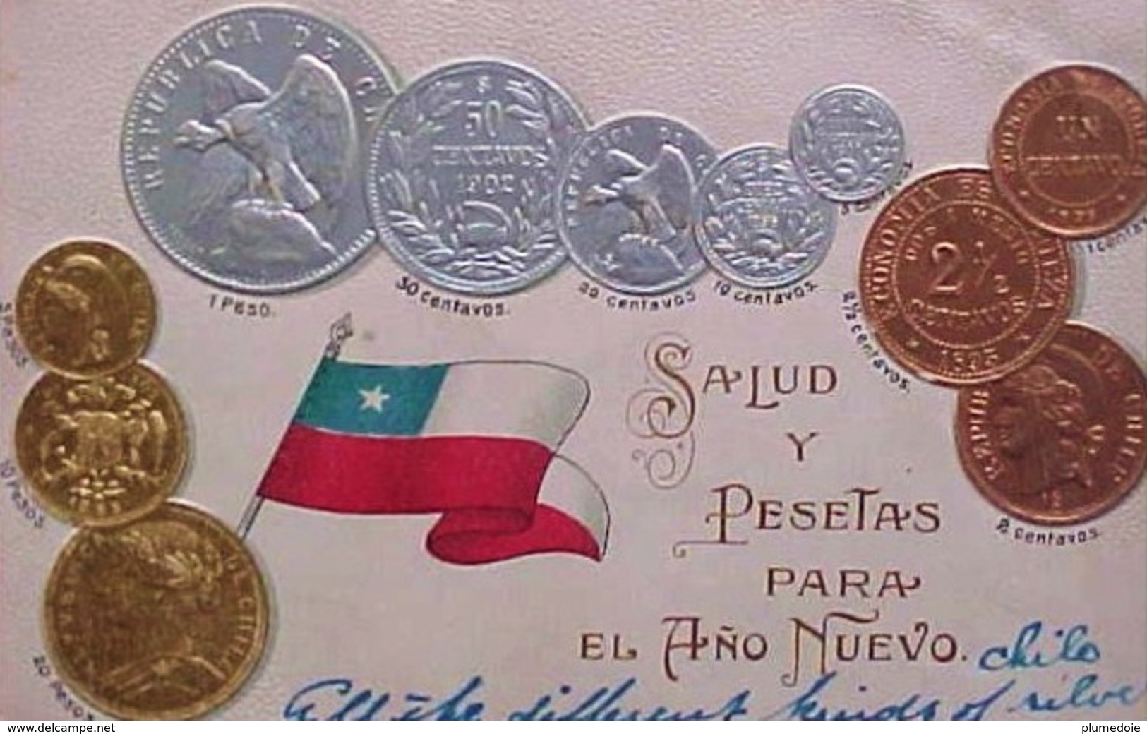 Cpa Gaufree MONNAIES Pièces Du CHILI 1902 PESO CENTAVOS OR ARGENT CUIVRE, Embossed COIN PESOS Gold Silver Early Pc - Monnaies (représentations)