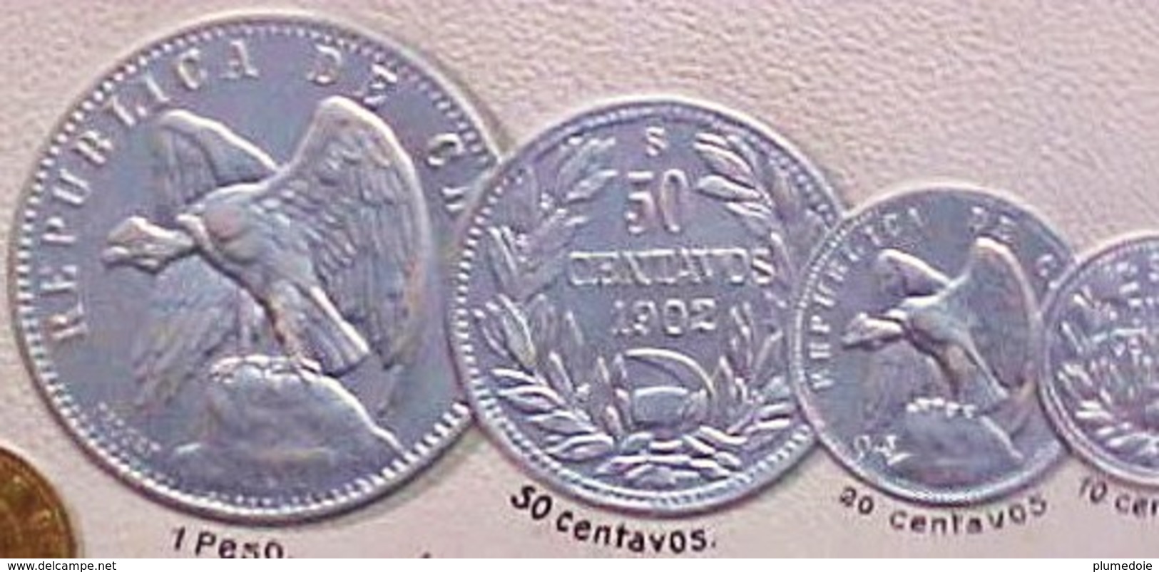 Cpa Gaufree MONNAIES Pièces Du CHILI 1902 PESO CENTAVOS OR ARGENT CUIVRE, Embossed COIN PESOS Gold Silver Early Pc - Coins (pictures)