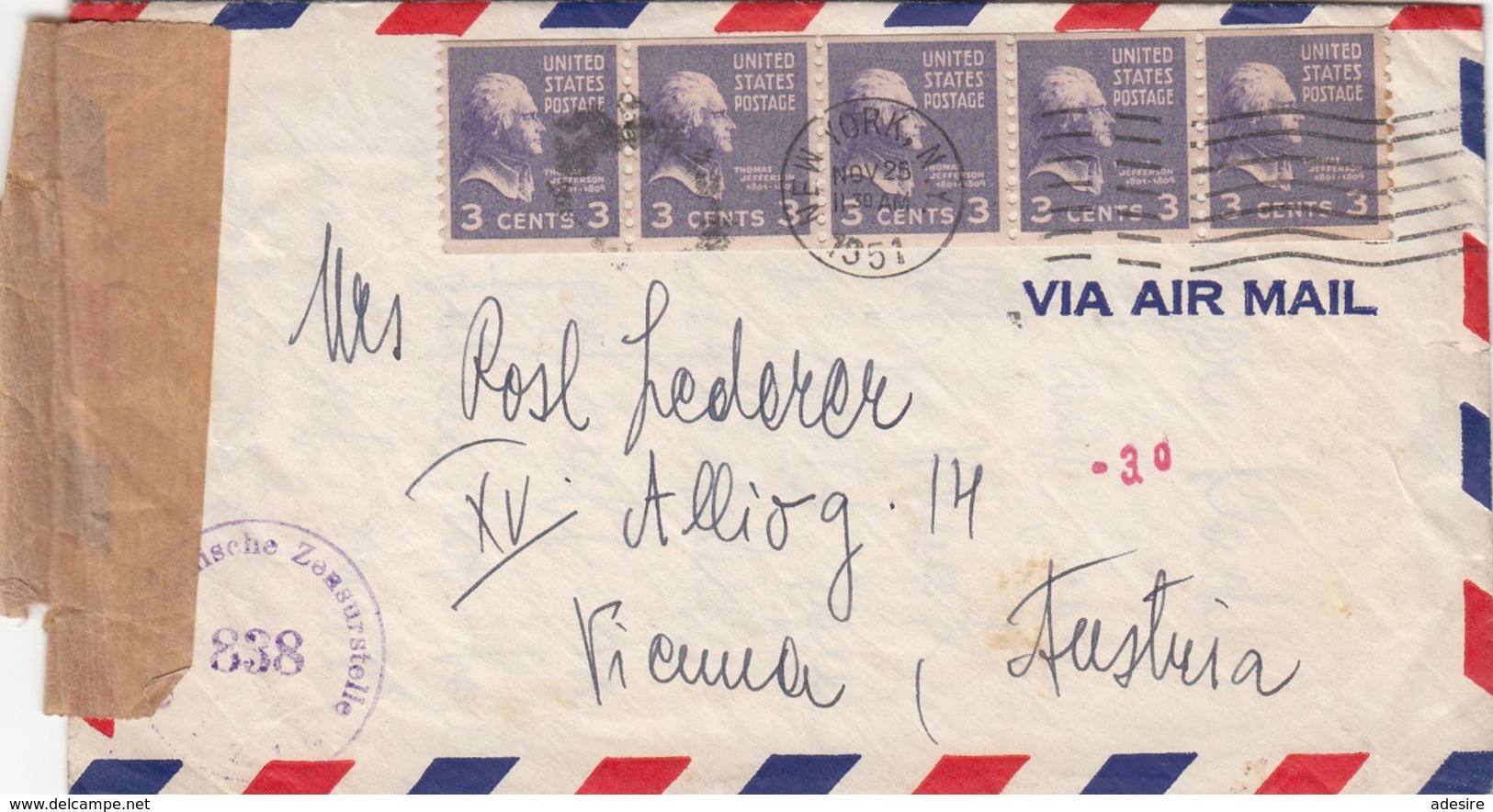 USA 1948? - 5x3 C Auf Zensur-Brief Mit Inhalt, Gel.v.New York > Vienna Austria - Briefe U. Dokumente