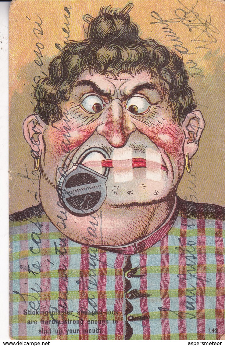 STICKING PLASIER AND PAD LOCK ARE HARDLY STRONG ENOGH TO SHUT UP YOUR MOUTH. HUMORISTIQUE. CIRCULEE CIRCA 1905's- BLEUP - Humor