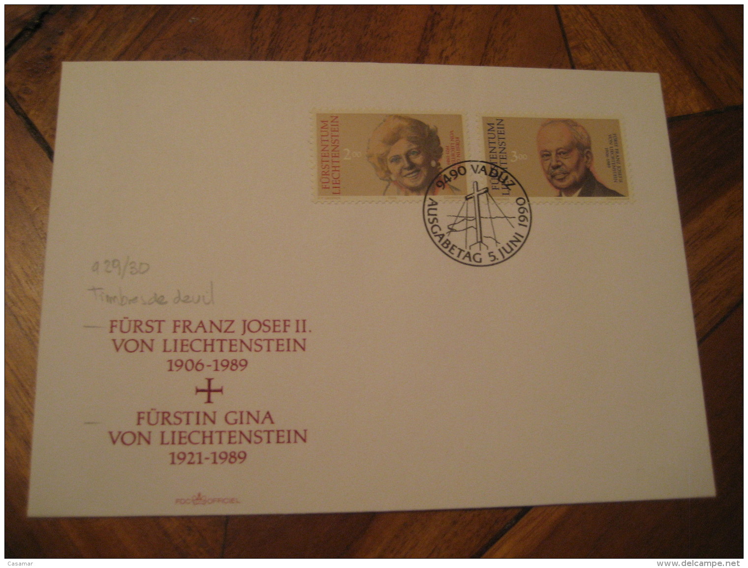 Yvert 929/30 Franz Josef II Furstin Gina Timbres De Deuil VADUZ 1990 FDC LIECHTENSTEIN Royal Family Royalty Monarchy - Familles Royales