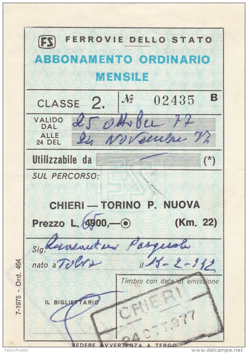 ABBONAMENTO FERROVIARIO MENSILE 1977 CHIERI-TORINO P.NUOVA (BV644 - Europa