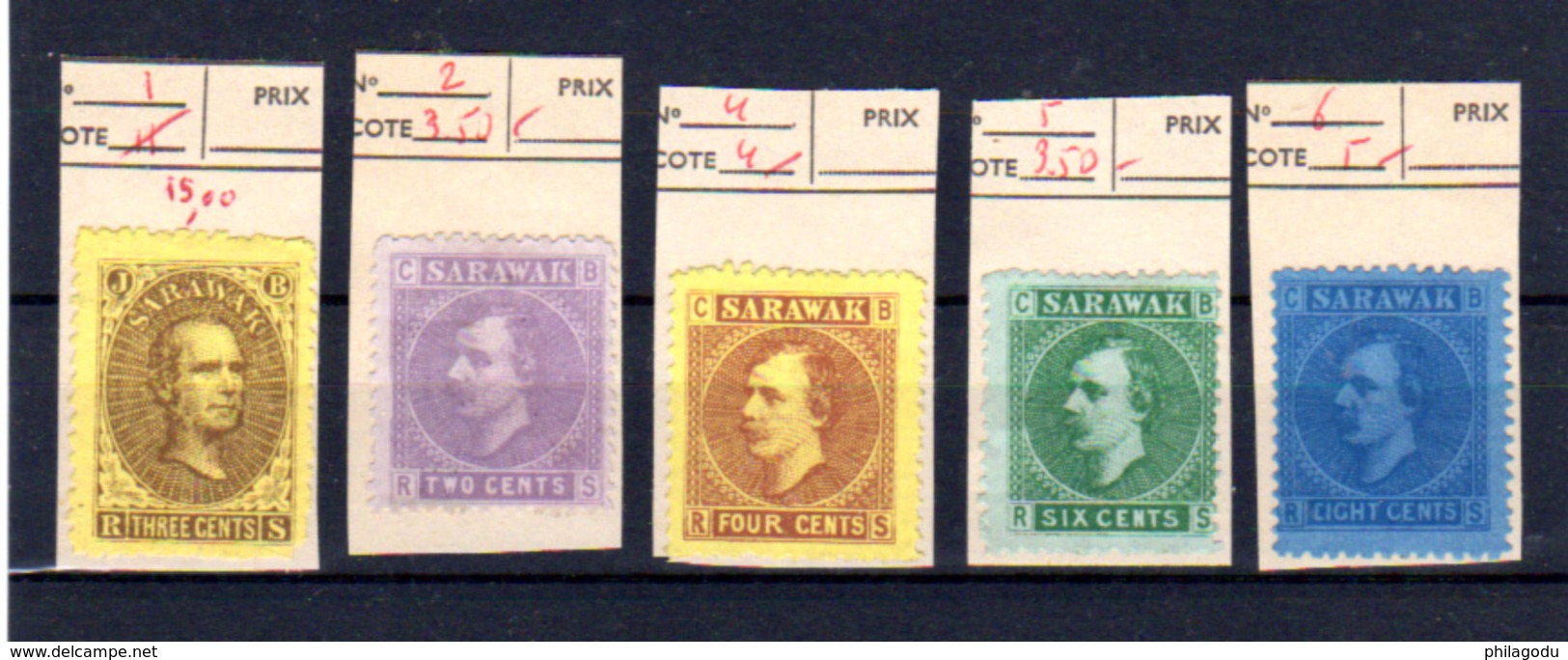 1869-71 Sarawak 1869-71, Sir James Brooke, Sir Charles Johnson Brooke, Entre 1 Et 6* Sans Gomme, Cote 103 € - Sarawak (...-1963)