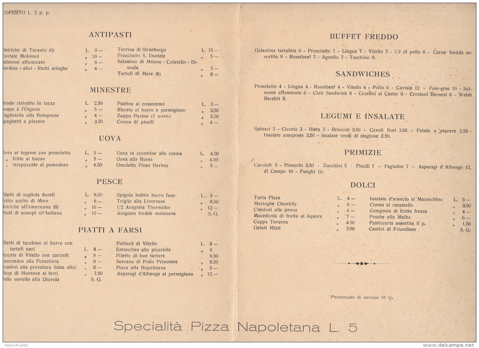 MENU ANNI 40 LA TAVERNA DEL PLAZA (BV784 - Italia