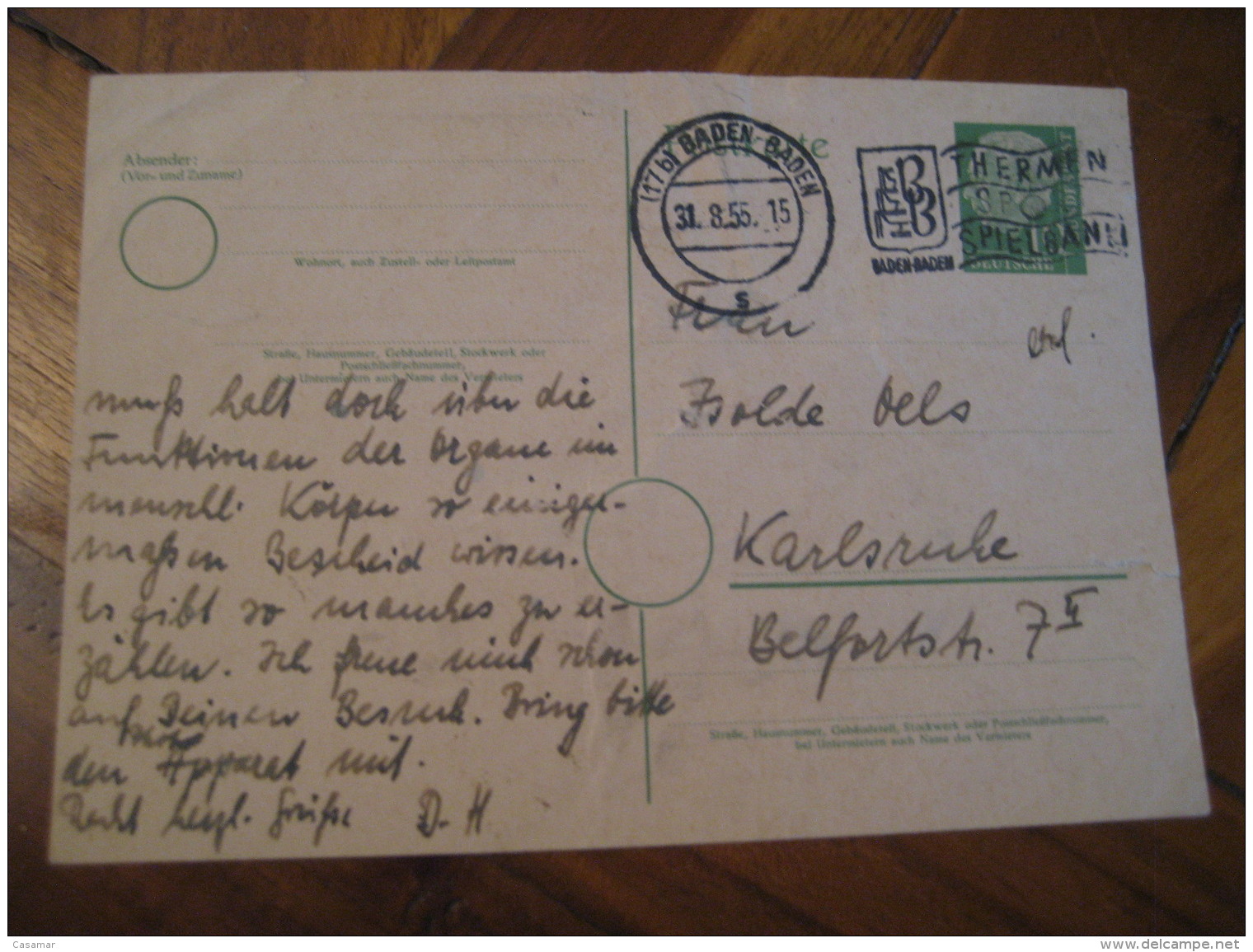 Thermen BADEN-BADEN 1955 Cancel Postal Stationery Card GERMANY Hydrotherapy Spa Thermal Health Sante Thermalisme - Bäderwesen