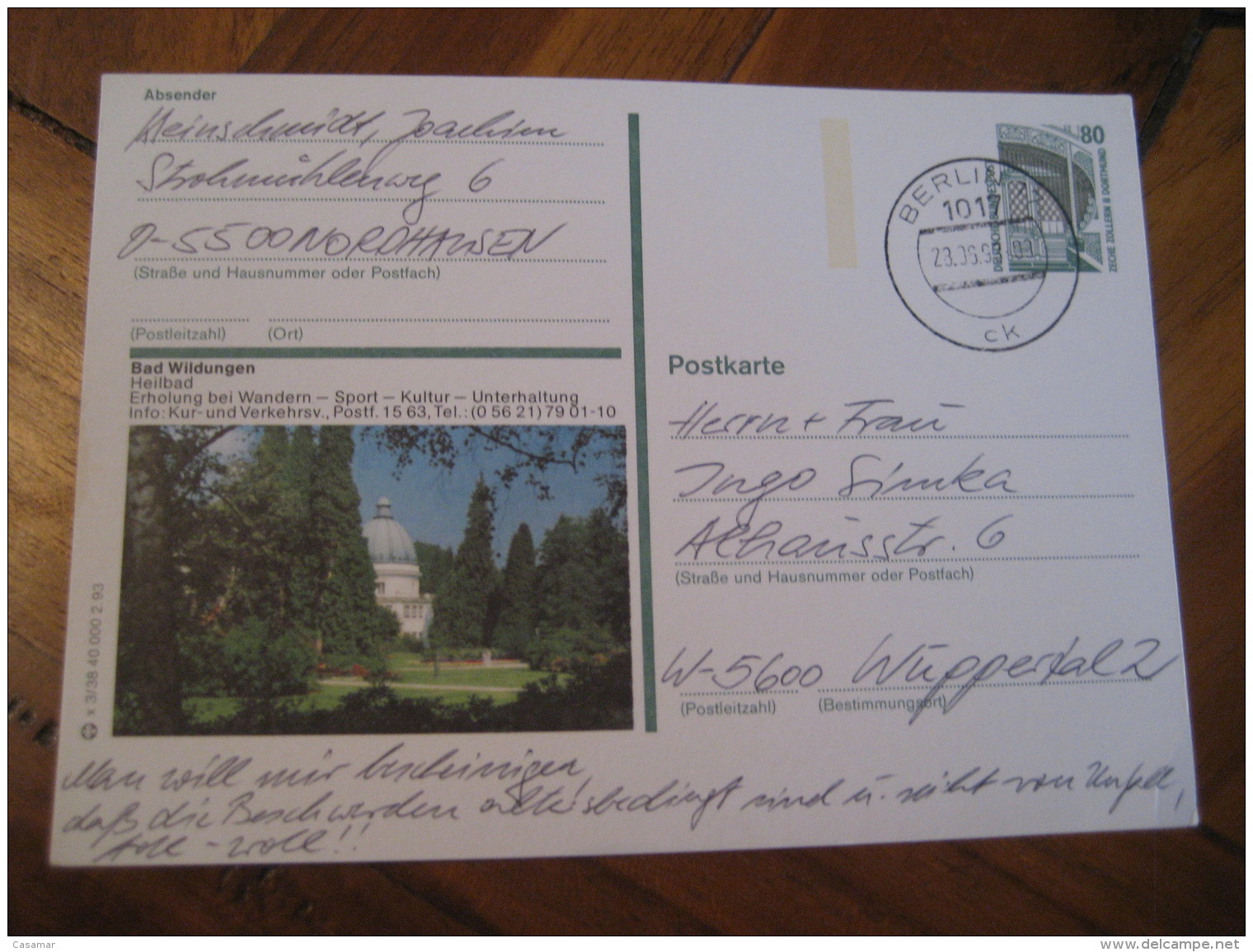 Heilbad BAD WILDUNGEN Berlin 1993 Cancel Stationery Card GERMANY Hydrotherapy Spa Thermal Health Sante Thermalisme - Bäderwesen