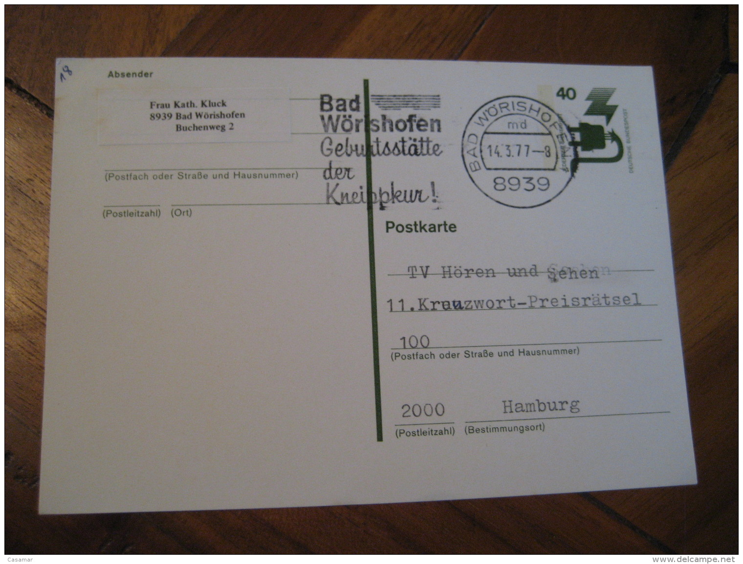 KNEIPP Kneippkur BAD WORISHOFEN 1977 Cancel Card GERMANY Hydrotherapy Spa Thermal Health Sante Thermalisme - Bäderwesen