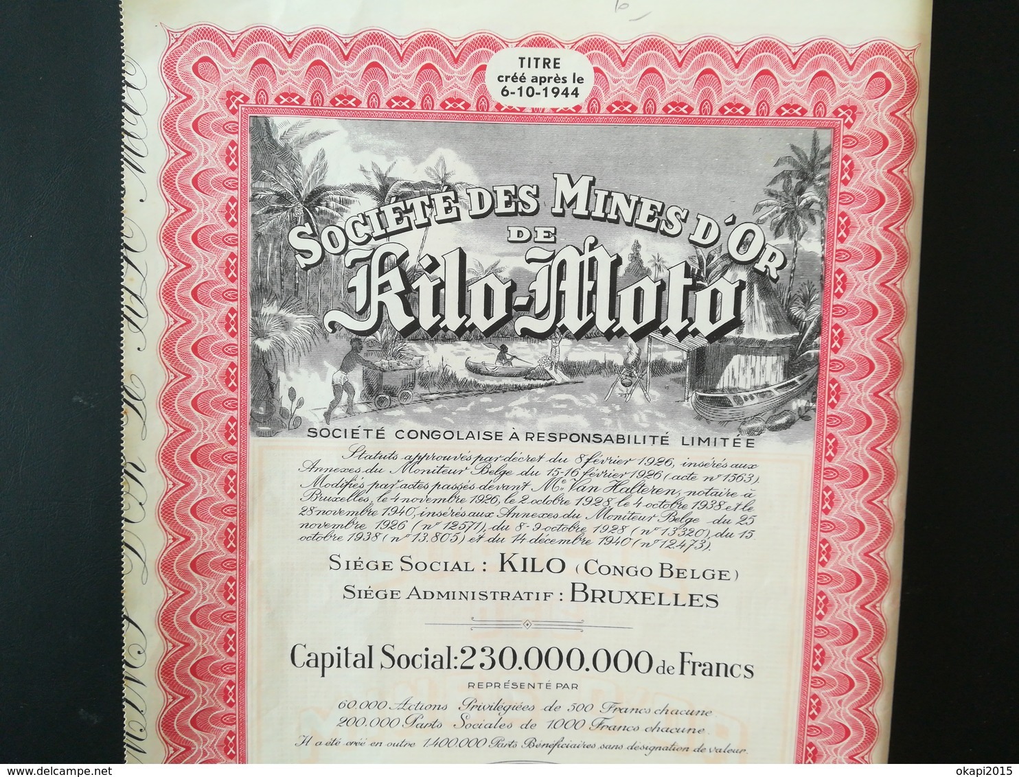 Une Vieille Action De La Société Des Mines D Or De Kilo - Moto Congo - Belge  Colonie Belgique Zaïre - Historical Documents