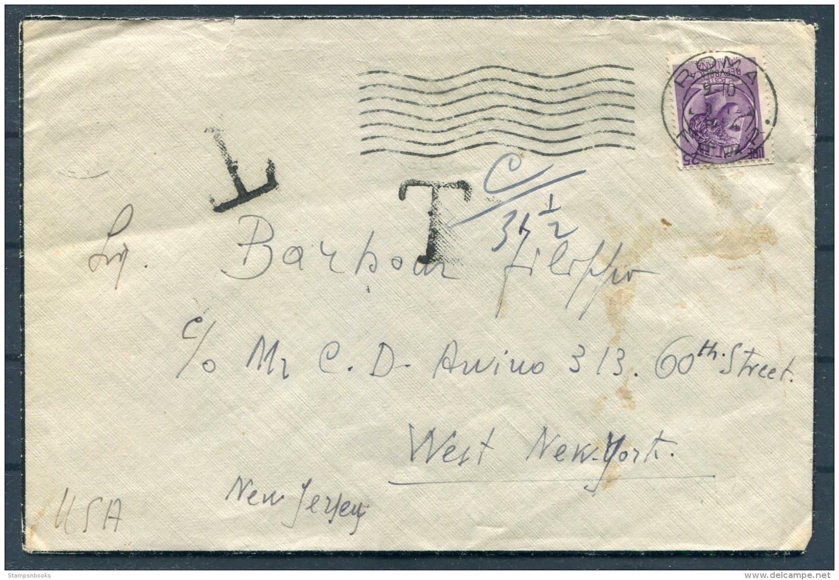 1958 Italy Mourning Cover Rome - New Jersey, USA. Taxe, Postage Due - 1946-60: Marcophilia