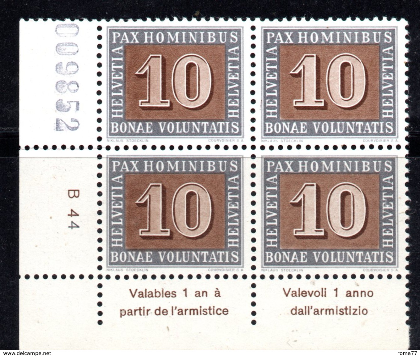 40/1500 - SVIZZERA 1945 PACE PAX : Quartina Numerata Ed Integra Del 10 Cent *** MNH - Ungebraucht