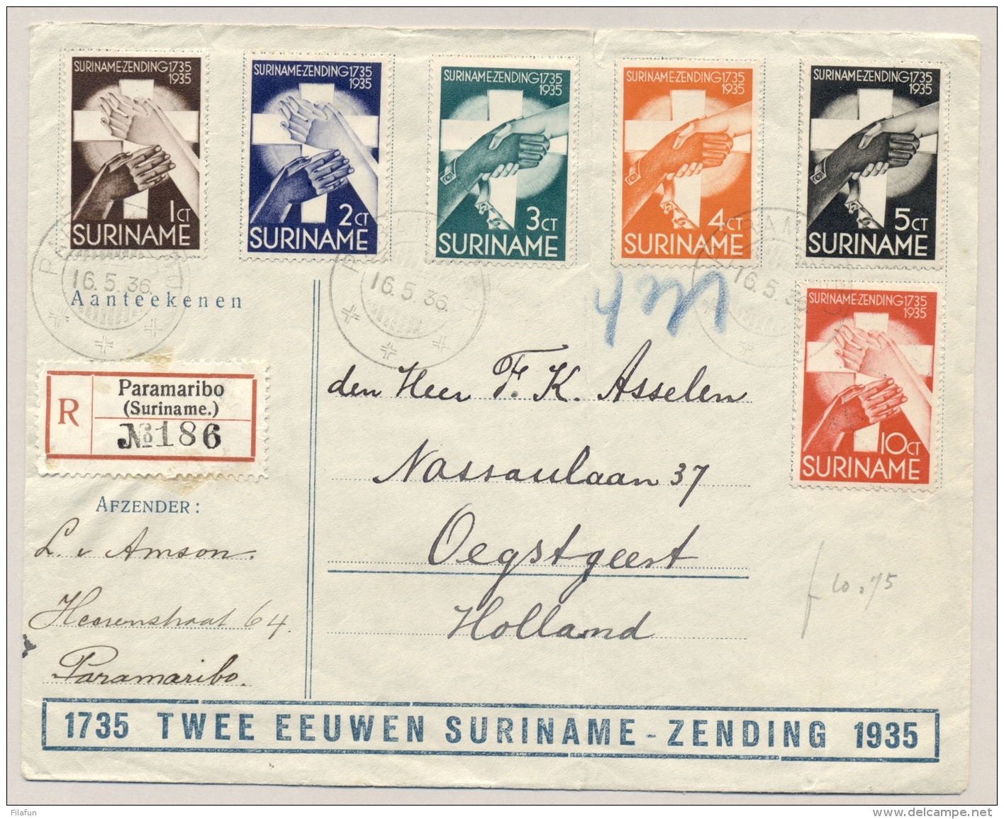 Suriname - 1936 - 2 Eeuwen Suriname - Zending, Serie Op R-cover Van Paramaribo Naar Oegstgeest / Nederland - Suriname ... - 1975