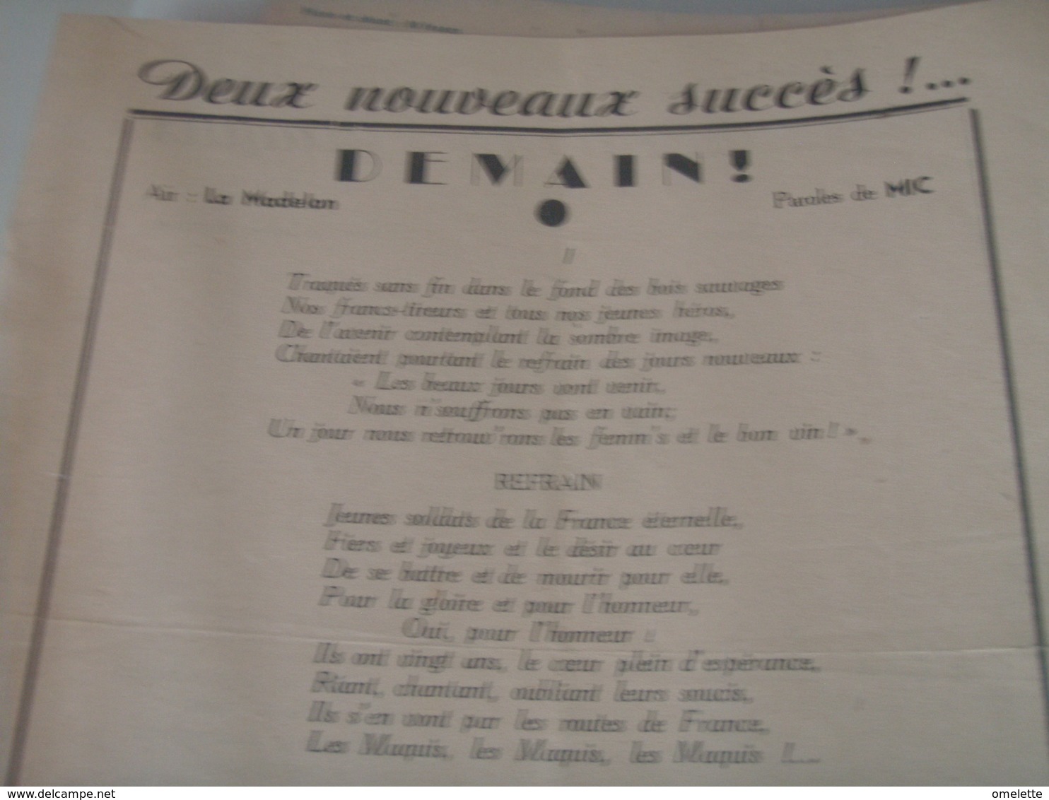 GUERRE 39 -45 /COMPLAINTE DU MAQUS /JULES MACHIN /AIR LA JAVA BLEURE /DEMAIN  MIC AIR LA MADELON - Partitions Musicales Anciennes