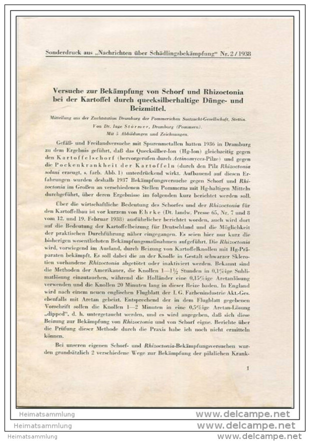 Sonderdruck Aus Nachrichten über Schädlingsbekämpfung Nr. 2 1938 - Versuche Zur Bekämpfung Von Schorf Und Rhizoctonia Be - Nature