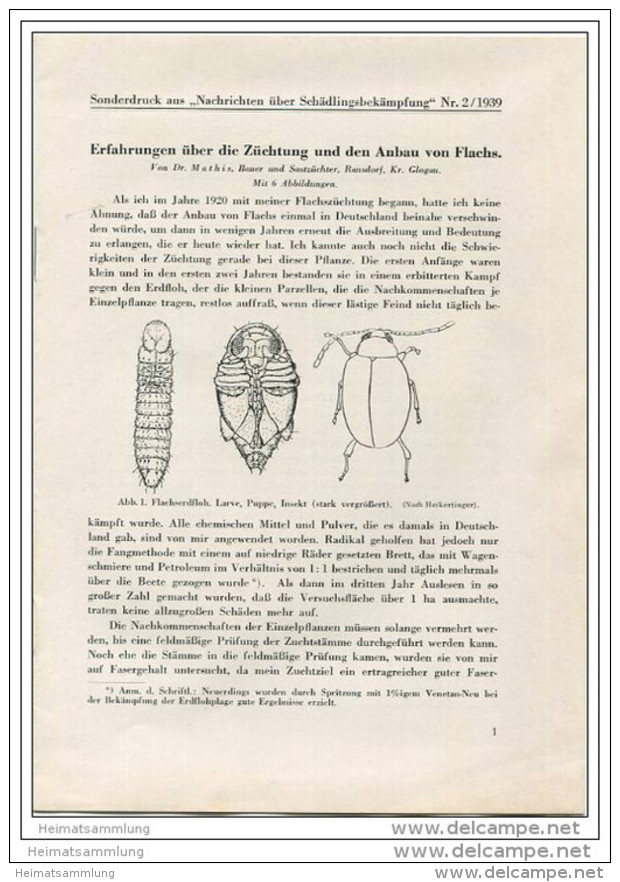 Sonderdruck Aus Nachrichten über Schädlingsbekämpfung Nr. 2 1939 -Erfahrungen über Die Züchtung Und Den Anbau Von Flachs - Nature