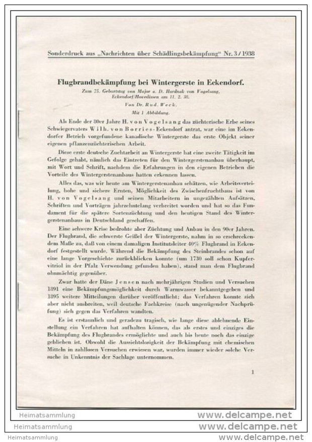 Sonderdruck Aus Nachrichten über Schädlingsbekämpfung Nr. 3 1938 - Flugbrandbekämpfung Bei Wintergerste In Eckendorf - Nature