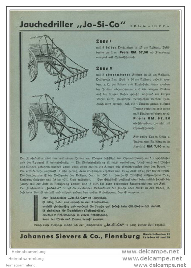 Jo-Si-Co - Jauchedriller - Hersteller Johannes Sievers &amp; Co. Flensburg Norderhofenden 22 - DinA4 Blatt 30er Jahre - Pubblicitari