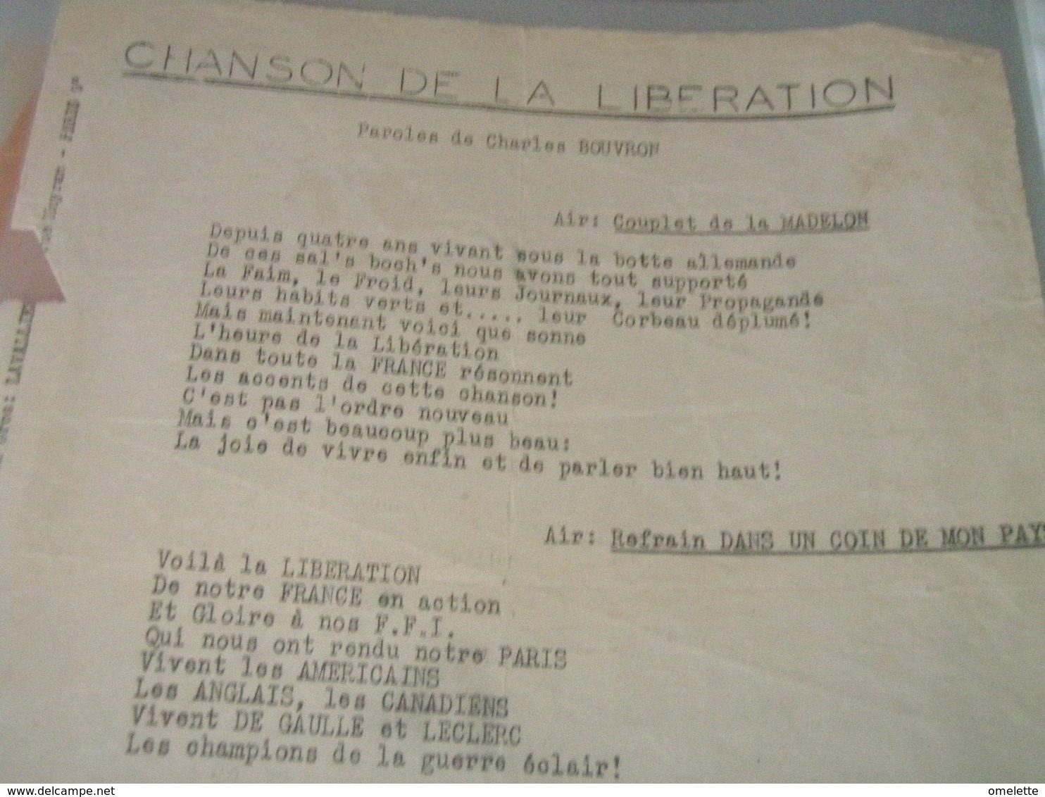 GUERRE 39 -45 / CHANSON DE LA LIBERATION /CHARLES BOUVRON / - Partitions Musicales Anciennes