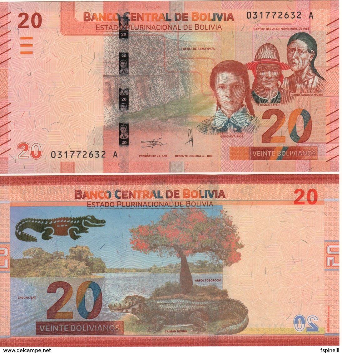 BOLIVIA  Attractive New Issue 20 Bolivianos  Serie  A   (2018)    Pnew   UNC - Bolivia