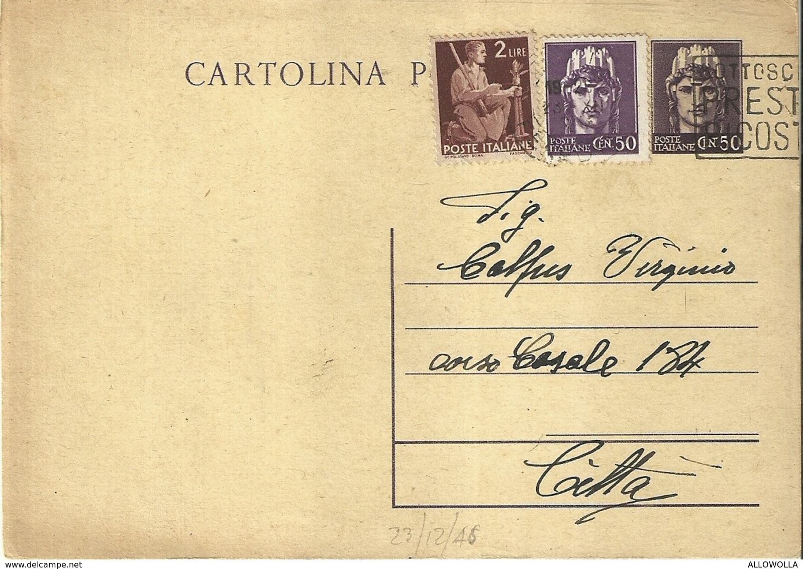 962 "STORIA POSTALE - PARTECIPAZIONE A CONCORSO - SIPRA" CARTOLINA POSTALE ORIG.  SPED. - Posta