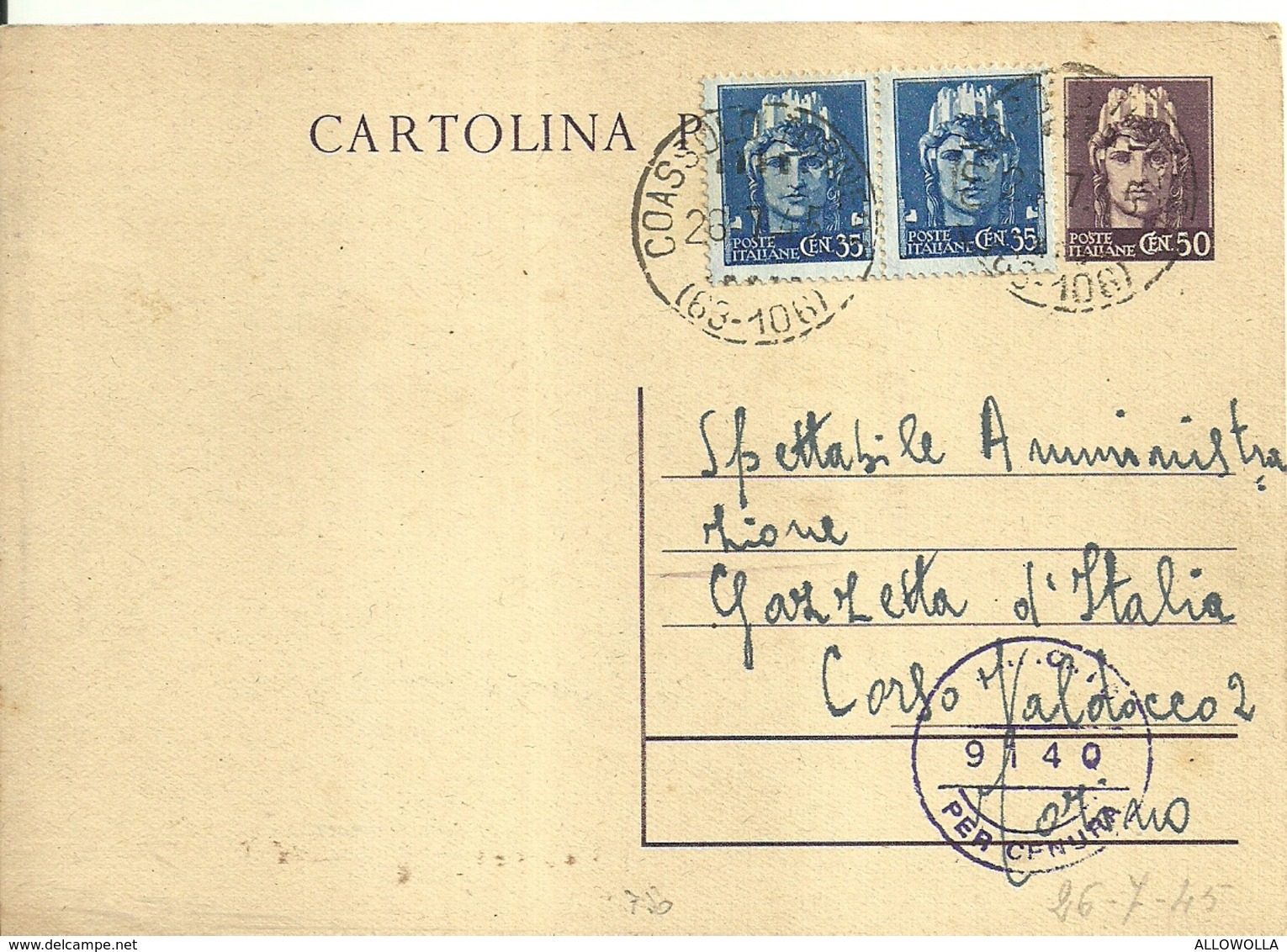 972 "STORIA POSTALE- SPETT. AMMINISTRAZIONE GAZZETTA D'ITALIA " CARTOLINA POSTALE ORIG.  SPED. - Posta