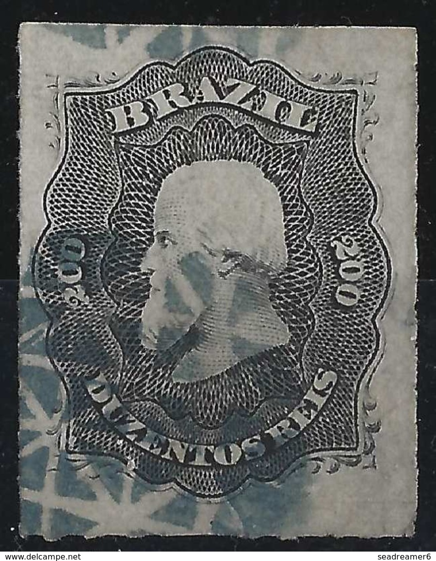 Brésil Don Pedro N°35, 200 Reis Oblitéré Bouchon Filigrané Bleu RR - Used Stamps