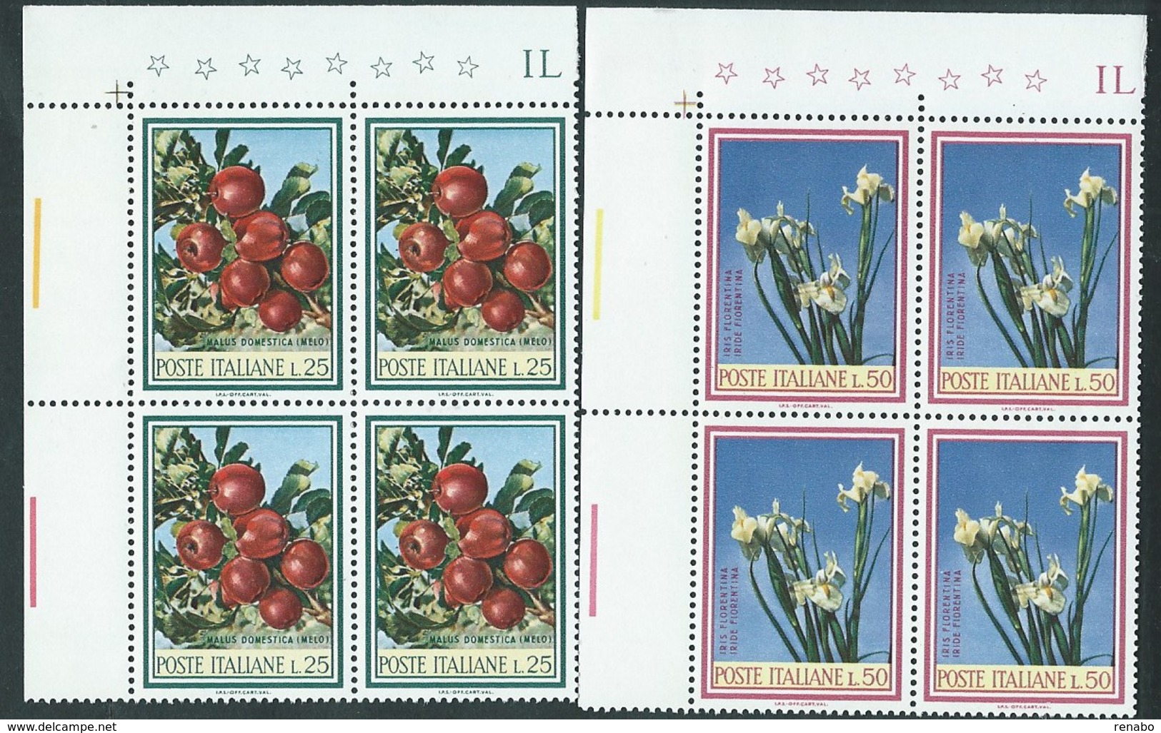 Italia 1967; Flora: Ramo Di Melo + Iris. Serie Completa In Quartine Di Angolo Superiore. - 1961-70:  Nuovi