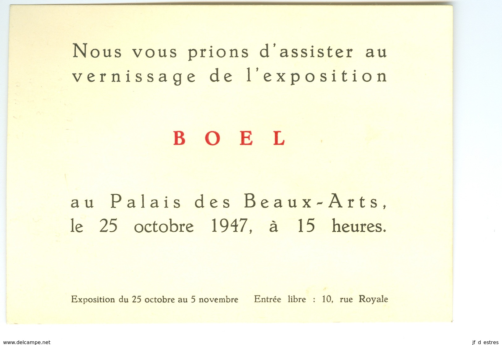 Invitation Vernissage Exposition BOEL Au Palais Des Beaux-Arts Bruxelles 1947 - Autres & Non Classés