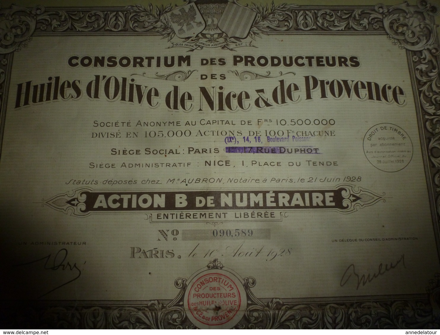 1928 HUILES D'OLIVE De NICE Et De PROVENCE --- Consortium Des Producteurs  ----ACTIONS - Landwirtschaft