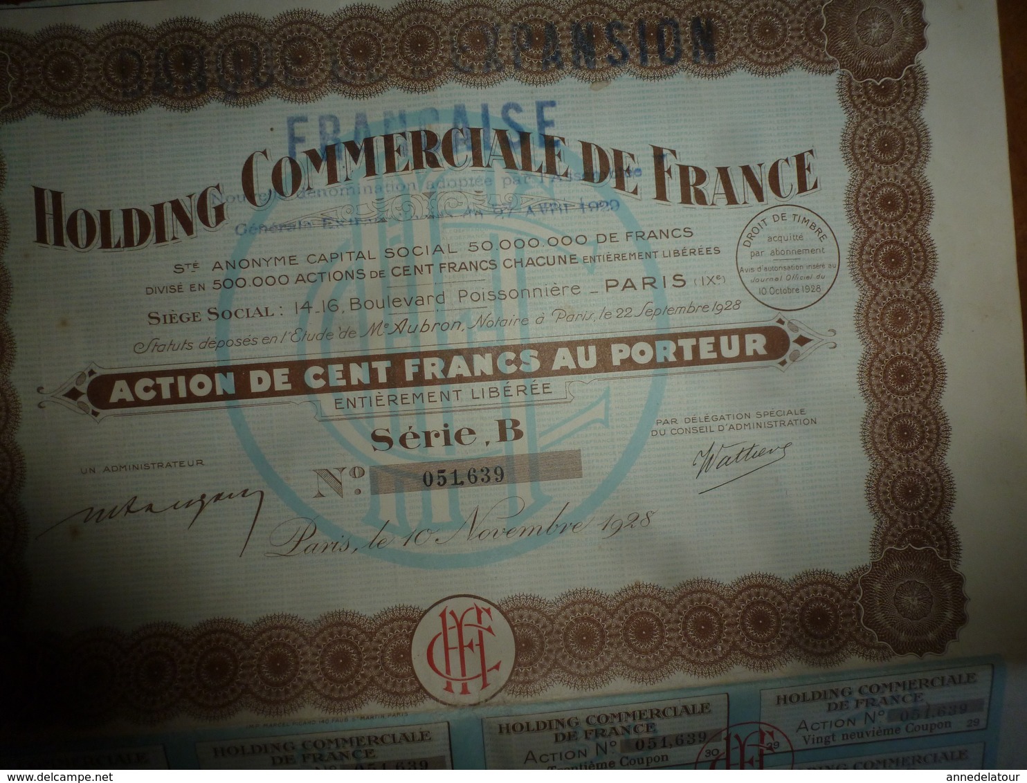 1928  ACTIONS ----> HOLDING COMMERCIALE De FRANCE - Agricultura