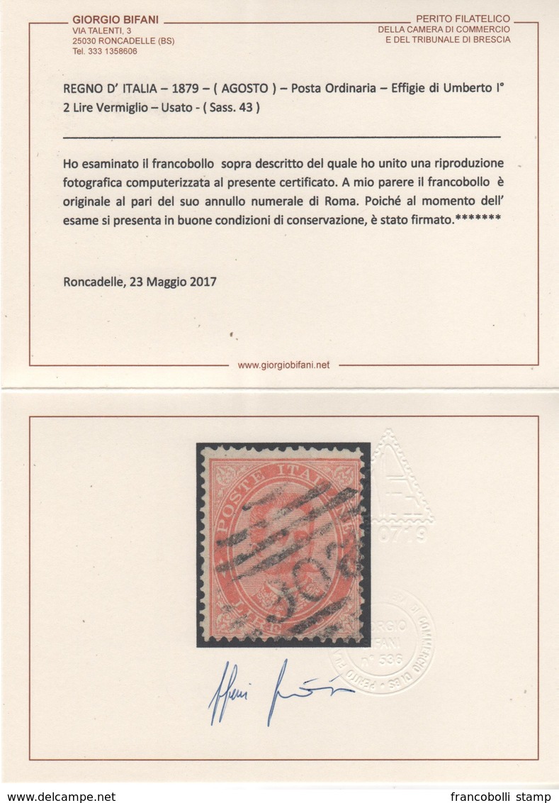 1879 Umberto 2 L. Us Certificato Bifani - Usati